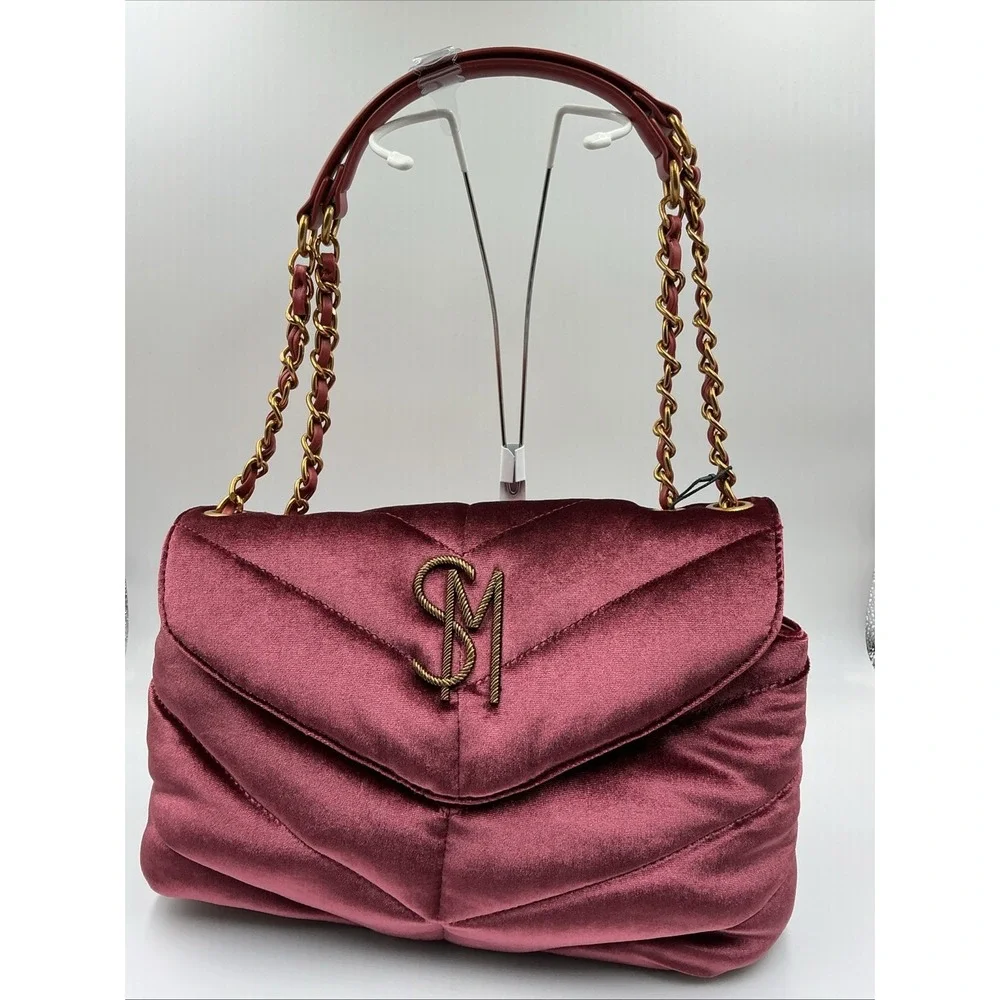 Steve Madden Coleman Velvet Rust Quilted Shoulder Bag Burgundy Chain